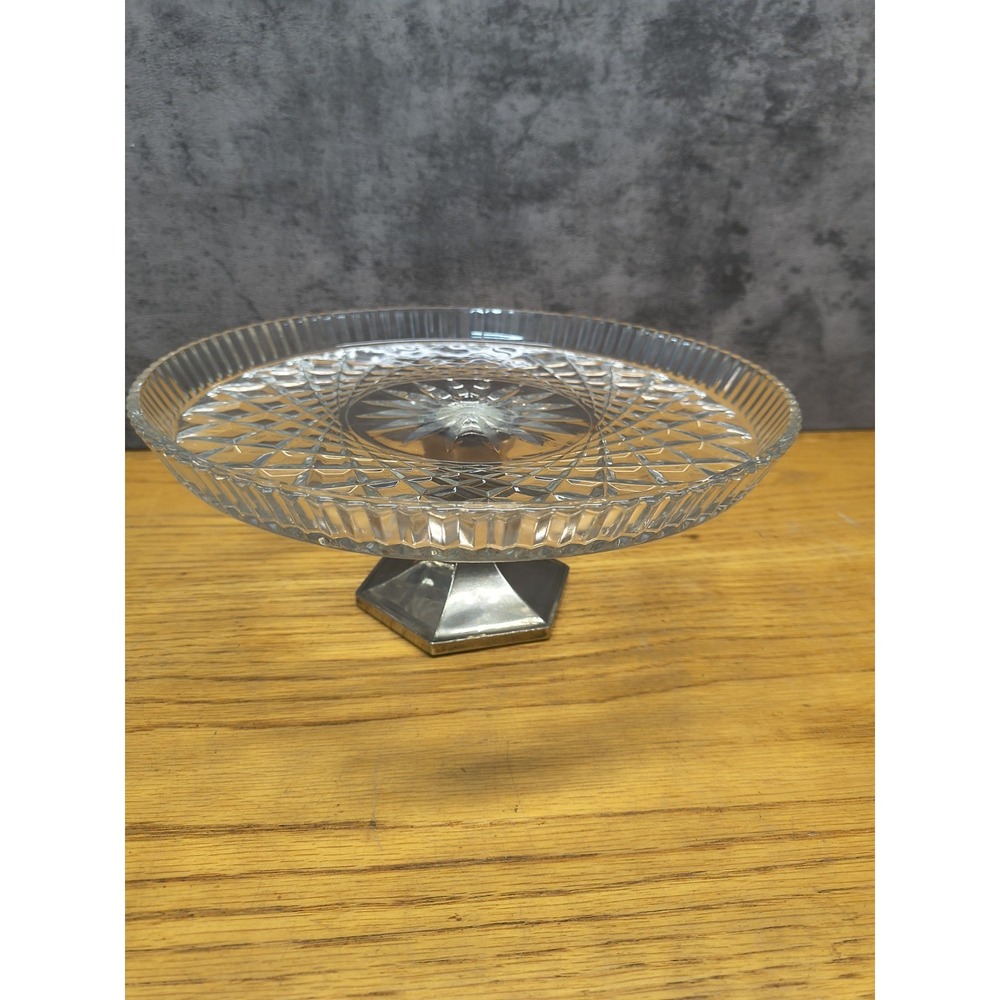VTG Teleflora Pedestal‎ Cake Stand Crystal Fancy Top Silver Plate Base